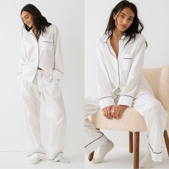 NWT J CREW End-on-end cotton long-sleeve pajama set in white - Picture 1 of 8